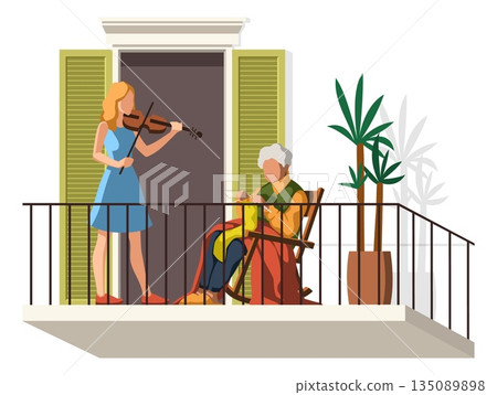 People on balcony. Violinist plays music. Old woman knits. Cozy leisure house facade or terrace, calm leisure and senior person care. Hobby and relaxation. Vector cartoon flat illustration 135089898