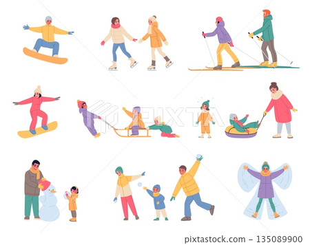 Winter entertainment. Seasonal outdoor games and walks, people in warm clothes skiing and skating, children sledding, making snowman, classy vector cartoon isolated seasonal leisure set Winter entertainment. Seasonal outdoor games and walks, people in warm clothes skiing and skating, children sledding, making snowman, classy vector cartoon isolated seasonal leisure set 135089900