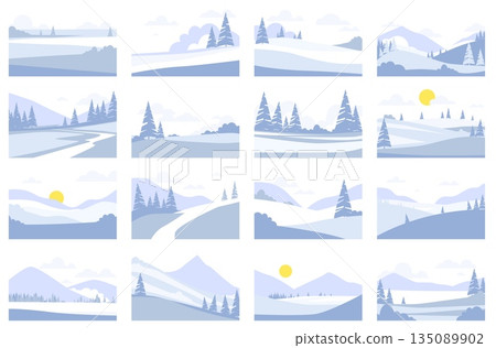 Winter simple landscapes. Cold nature backgrounds, snowy expenses with snowdrifts, blue trees, mountains, hills and rivers, seasonal scenery qualitative minimalistic backgrounds vector set 135089902