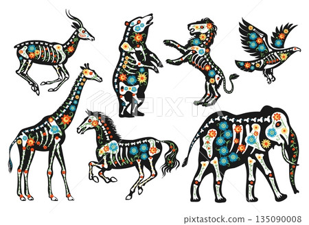 Animals skeletons with flowers. Decorative mexican style, fauna silhouettes with bones and floral patterns, day of dead, botanical folk art cartoon flat isolated splendid vector set Animals skeletons with flowers. Decorative mexican style, fauna silhouettes with bones and floral patterns, day of dead, botanical folk art cartoon flat isolated splendid vector set 135090008