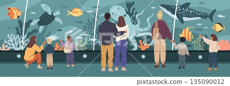 Aquarium visitors. Oceanarium panorama, people watch fish and marine animals, parents with children, couple in love, large glass tank with shark, turtle garish vector cartoon flat concept 135090012