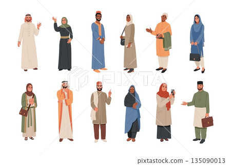 Arabic people. Male and female muslim characters standing, traditional, modern clothes, cultural robes and tunics islamic dress style, middle eastern fashion, cartoon tidy vector set Arabic people. Male and female muslim characters standing, traditional, modern clothes, cultural robes and tunics islamic dress style, middle eastern fashion, cartoon tidy vector set 135090013