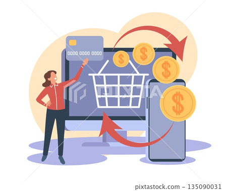 Cashback service. Refund of money, online store, buyer receives part of money from purchase, e-commerce transaction, digital process cartoon flat style isolated vector shopping concept Cashback service. Refund of money, online store, buyer receives part of money from purchase, e-commerce transaction, digital process cartoon flat style isolated vector shopping concept 135090031
