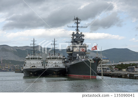 Novorossiysk Russia September 20 2025: The cruiser Mikhail Kutuzov moored in the city port. Historic Soviet Project 68bis museum ship 135090041