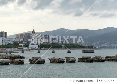 August 22 2025 St. Nicholas Church on the shore of Novorossiysk Russia. Historic church building near the Black Sea coastline 135090077