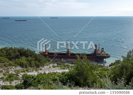 August 22 2025 Cargo ship RIO grounded near the shore of Kabardinka on the Black Sea coast Russia. Large vessel stranded close to the coastline after a maritime incident August 22 2025 Cargo ship RIO grounded near the shore of Kabardinka on the Black Sea coast Russia. Large vessel stranded close to the coastline after a maritime incident 135090086