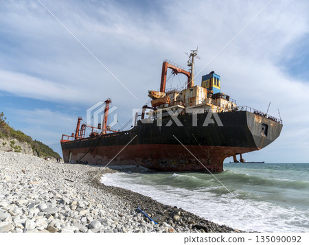 August 22 2025 Cargo ship RIO grounded near the shore of Kabardinka on the Black Sea coast Russia. Large vessel stranded close to the coastline after a maritime incident August 22 2025 Cargo ship RIO grounded near the shore of Kabardinka on the Black Sea coast Russia. Large vessel stranded close to the coastline after a maritime incident 135090092