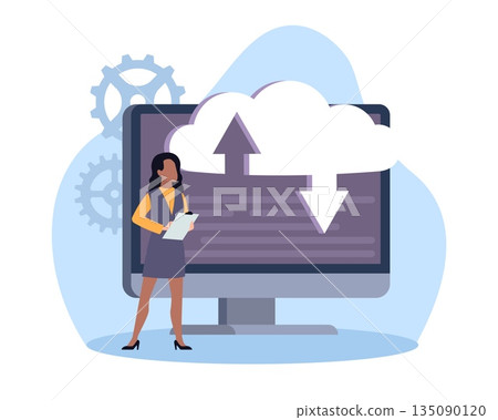 Cloud storage. Virtual space, female user interacts with virtual file and data storage, upload and download information, transfer and synchronization cartoon flat isolated vector concept Cloud storage. Virtual space, female user interacts with virtual file and data storage, upload and download information, transfer and synchronization cartoon flat isolated vector concept 135090120