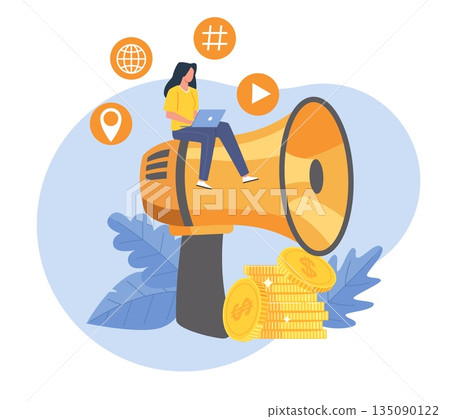 Content marketing. Copywriting, blogging, woman sits on large speaker and monetizes her virtual activity, woman sitting on megaphone, cartoon flat isolated vector advertising concept 135090122