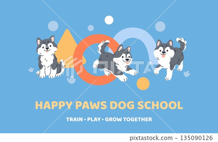 Dog school poster. Funny little huskies, cute fluffy puppies, pet training and education, animal behavior correction, banner design, garish vector cartoon flat style isolated concept Dog school poster. Funny little huskies, cute fluffy puppies, pet training and education, animal behavior correction, banner design, garish vector cartoon flat style isolated concept 135090126