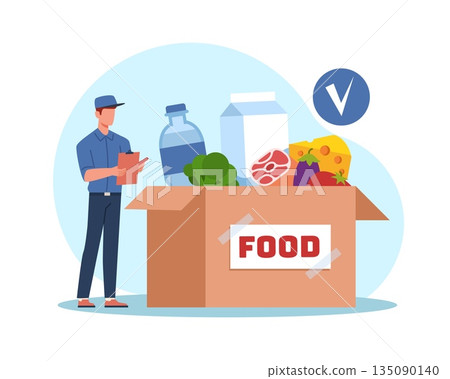 Fresh food delivery. Courier marks delivered products in list, worker checking grocery online order, man hold checklist, supermarket service, cartoon flat style isolated vector concept Fresh food delivery. Courier marks delivered products in list, worker checking grocery online order, man hold checklist, supermarket service, cartoon flat style isolated vector concept 135090140