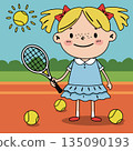 A little girl tennis player on an outdoor court 135090193