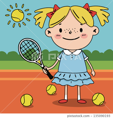 A little girl tennis player on an outdoor court A little girl tennis player on an outdoor court 135090193