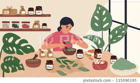 Homeopath works. Herbalist makes natural medicines and cosmetics, green pharmacy, woman crushing leaves in mortar, mixing ingredients with mortar and pestle garish vector cartoon concept Homeopath works. Herbalist makes natural medicines and cosmetics, green pharmacy, woman crushing leaves in mortar, mixing ingredients with mortar and pestle garish vector cartoon concept 135090195