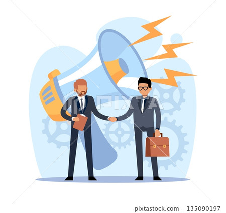 Marketing relations. Customer relationship strategy, businessmen shaking hands, loud megaphone advertising, collaboration and partnership, cartoon flat style isolated vector concept 135090197