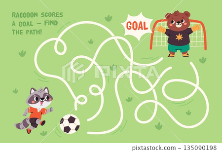Soccer maze game. Kids educational labyrinth, animal characters, football playing, funny goalkeeper bear and racoon with ball, page template cartoon flat isolated garish vector concept Soccer maze game. Kids educational labyrinth, animal characters, football playing, funny goalkeeper bear and racoon with ball, page template cartoon flat isolated garish vector concept 135090198