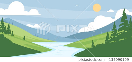 Summer nature landscape. Green simple background with fields, hills, river and trees, flat style panoramic horizontal banner, natural scene, forest panorama qualitative vector concept Summer nature landscape. Green simple background with fields, hills, river and trees, flat style panoramic horizontal banner, natural scene, forest panorama qualitative vector concept 135090199
