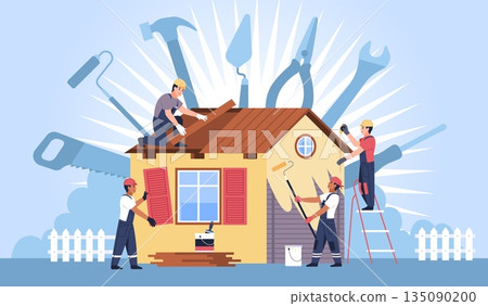 Tiny people building house. Home renovation professional workers in overalls teamwork, walls being painted, windows installed, cartoon flat style isolated tidy vector construction concept 135090200