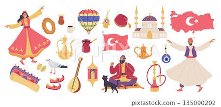 Turkey country traditional elements. Middle east culture symbols and products, national food, clothing and architecture, folk dancers, heritage and traditions garish vector cartoon flat set 135090202