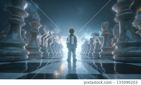 A child facing a giant glowing chessboard, generative ai illustration. Surreal concept symbolizing strategy, choices, and decision-making 135090203