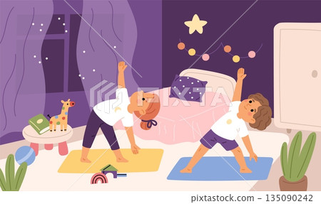 Yoga kids. Funny brother and sister do gymnastics in room, children stretching, sports and workouts at home, health and relaxation, cartoon flat style isolated garish vector concept 135090242