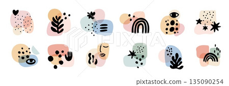 Abstract collages. Contemporary shapes and spots compositions, trendy modern style, hand drawn random forms figures, artwork geometric simple design, square cards, garish vector set Abstract collages. Contemporary shapes and spots compositions, trendy modern style, hand drawn random forms figures, artwork geometric simple design, square cards, garish vector set 135090254