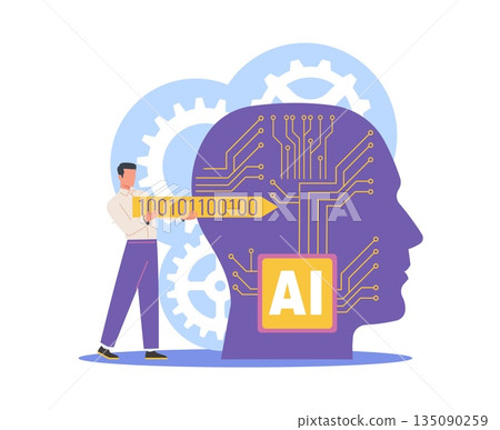 Artificial Intelligence engineer. Programmer enters binary code into self learning program, AI development, machine learning programming and processing, vector cartoon concept Artificial Intelligence engineer. Programmer enters binary code into self learning program, AI development, machine learning programming and processing, vector cartoon concept 135090259