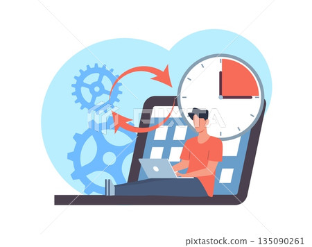 Automatic backup process. Guy transfers files and data from one laptop to another, automation and remote, productivity using technologies for work optimization vector cartoon flat concept Automatic backup process. Guy transfers files and data from one laptop to another, automation and remote, productivity using technologies for work optimization vector cartoon flat concept 135090261