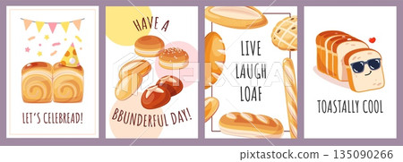 Cartoon bread cards. Flour products of various types, rolls, toasts, loaves and baguette, fresh bakery, tasty pastries, bakery marketing and packaging design, classy vector isolated set Cartoon bread cards. Flour products of various types, rolls, toasts, loaves and baguette, fresh bakery, tasty pastries, bakery marketing and packaging design, classy vector isolated set 135090266