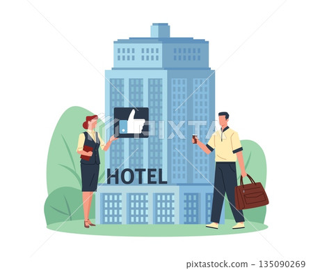 Choosing hotel process. Business trip, man books room for comfortable stay, arriving guest, travel customer review and feedback city tourism, vector cartoon isolated online booking concept 135090269