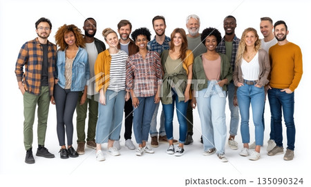 Photorealistic group portrait of diverse people, Caucasian, Asian, African, Middle Eastern, and Hispanic, mixed genders, smiling in casual clothing on white background, generative ai illustration. Photorealistic group portrait of diverse people, Caucasian, Asian, African, Middle Eastern, and Hispanic, mixed genders, smiling in casual clothing on white background, generative ai illustration. 135090324
