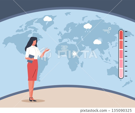 Meteorology. Weather forecast presenter has large screen with map and precipitation icon, global weather in TV studio, thermometer showing rising temperature vector cartoon isolated concept 135090325
