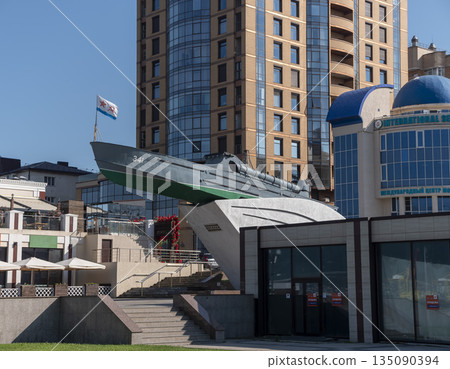 August 12, 2025: Memorial boat on the Novorossiysk waterfront dedicated to heroic Black Sea sailors, Russia August 12, 2025: Memorial boat on the Novorossiysk waterfront dedicated to heroic Black Sea sailors, Russia 135090394