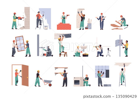 Renovation of houses. Workers in overalls paint walls, glue wallpaper, install plumbing, bricks laid, ceilings window installation, carpentry and welding, tidy vector cartoon isolated set 135090429