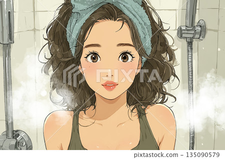 美羽系列：一位年輕女子正在享受臉部蒸氣護理 | 家居美容和蒸氣美容護理圖片 135090579