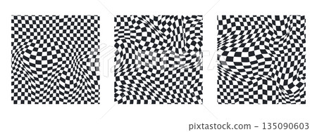 Distorted chess squares form trippy geometric illusion. Three wavy checkerboards with black and white grid create retro psychedelic background for funky 70s inspired designs. 135090603