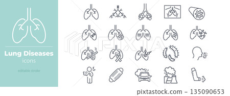 Lung icon set with respiratory disease symbols. Editable stroke outline pictograms for asthma, tuberculosis, pneumonia, and COPD medical illustrations. Vector Lung icon set with respiratory disease symbols. Editable stroke outline pictograms for asthma, tuberculosis, pneumonia, and COPD medical illustrations. Vector 135090653