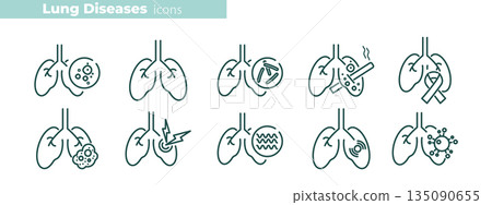 Medical line icon collection showing pulmonary diseases, breathing disorders, and chest conditions. Vector symbols for healthcare, oxygen therapy, and chronic illness awareness. Medical line icon collection showing pulmonary diseases, breathing disorders, and chest conditions. Vector symbols for healthcare, oxygen therapy, and chronic illness awareness. 135090655