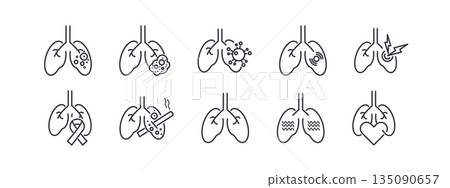 Lung health icons depicting respiratory conditions like asthma, bronchitis, and COPD. Editable outline pictograms for medical screening and pulmonary function design. 135090657