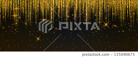 Gold confetti and sparkling stardust falling like rain through darkness, illuminated by glowing particles and shimmering golden lights for elegant events. 135090673