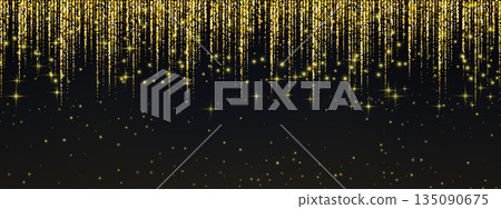 Golden glitter rain cascading against black background with shimmering stars and magical light particles creating luxurious festive atmosphere for celebrations. Golden glitter rain cascading against black background with shimmering stars and magical light particles creating luxurious festive atmosphere for celebrations. 135090675