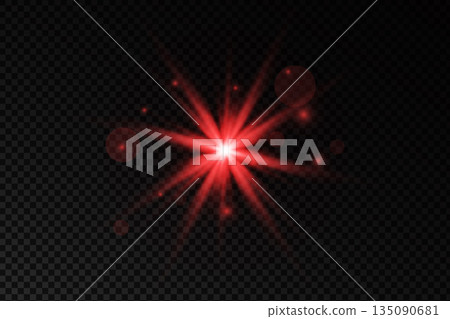 Bright red light glow with laser beam effects and radiant flare bursts creating dramatic illumination against dark background with sparkling rays Bright red light glow with laser beam effects and radiant flare bursts creating dramatic illumination against dark background with sparkling rays 135090681