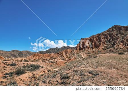 Scenic landscape of dusty brown mountains and hills under a vast blue sky Scenic landscape of dusty brown mountains and hills under a vast blue sky 135090784