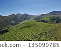 Lush green valley with mountain range under clear blue sky 135090785