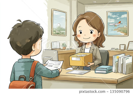 前台接待員正在處理出貨流程 | 包裹遞送和文件處理工作的圖片 135090796