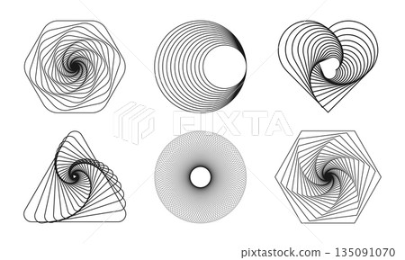 Set of spirograph template. Triangle, heart, hexagon and round rotation in twisted shape. Dynamic optical illusions. Geometric elements isolated on white background. Vector graphic illustration Set of spirograph template. Triangle, heart, hexagon and round rotation in twisted shape. Dynamic optical illusions. Geometric elements isolated on white background. Vector graphic illustration 135091070