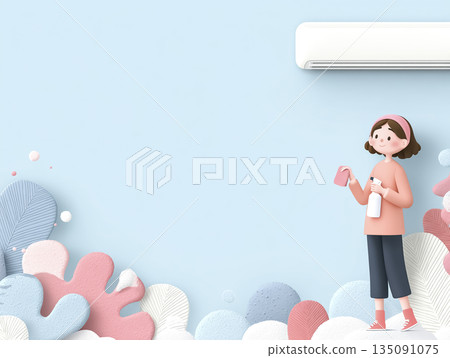空調清潔扁平化插圖 | 空調和舒適生活背景素材 135091075