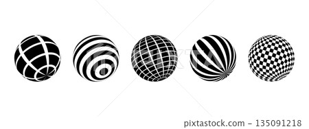 Set of striped and checkered ball shapes. 3D spherical shape models. Spheres with black and white stripes and checkers isolated on white background. Globe figures in perspective. Vector illustration 135091218