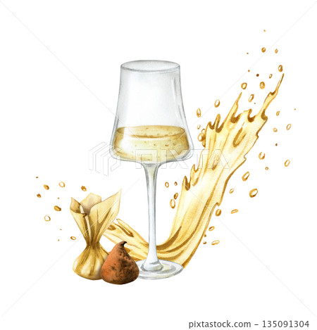 Glass of sparkling wine, bubbly with chocolate truffle candy. Golden yellow dynamic splash of liquid. Hand drawn watercolor festive champagne illustration isolated from background. For birthday party 135091304