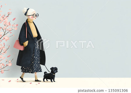 美由系列：老婦人遛狗插畫 | 老年生活與健康日常生活 135091306